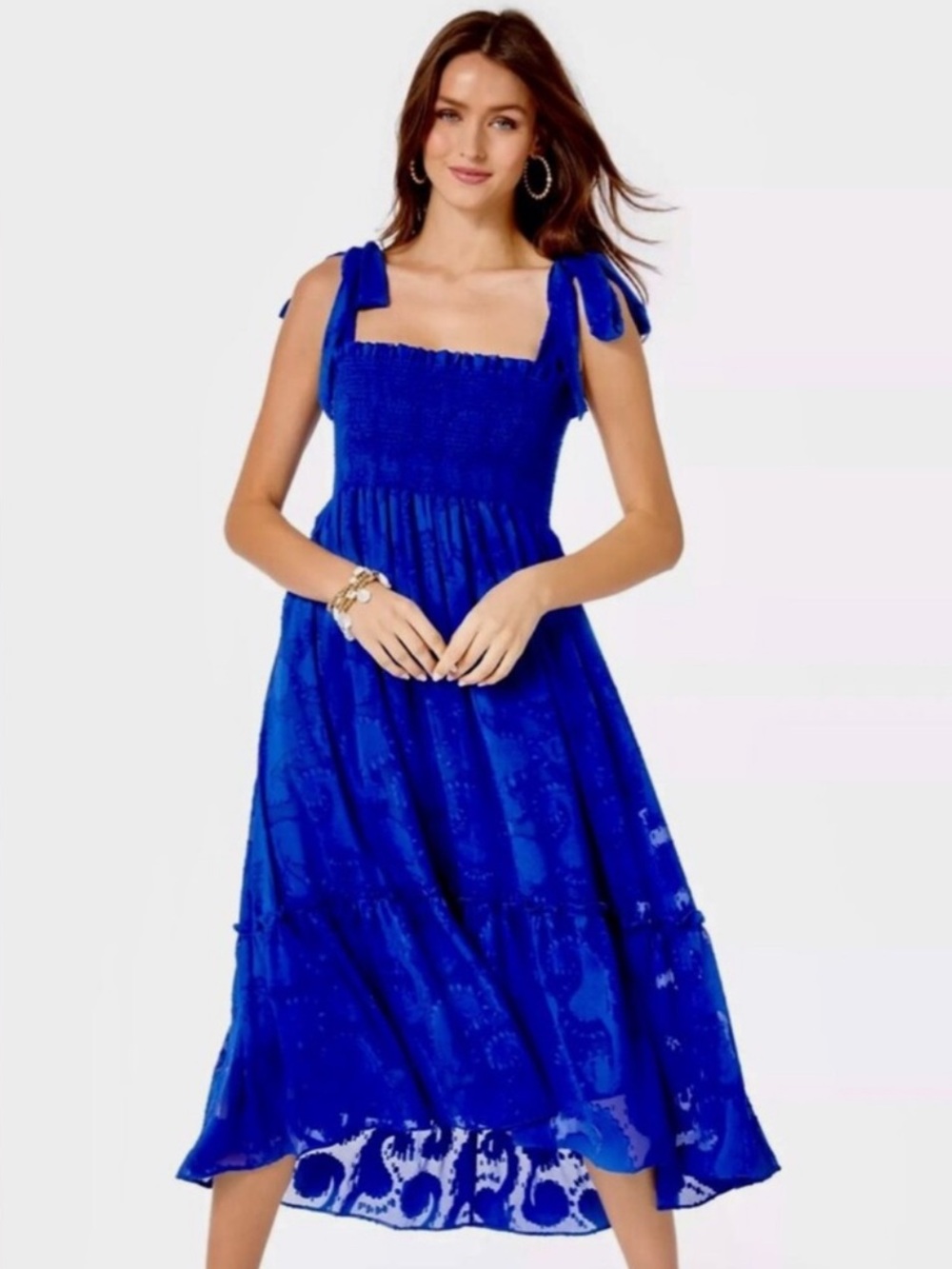 Lilly Pulitzer Rivera Smocked Midi Dress in Blue Grotto Size Large